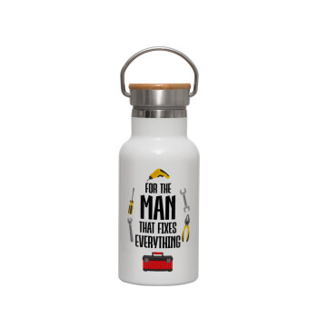 For the man that fixes everything!, Metallic thermos (Stainless steel) White with wooden lid (bamboo), double-walled, 350ml