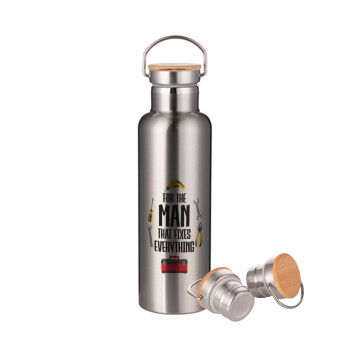 For the man that fixes everything!, Stainless steel Silver with wooden lid (bamboo), double wall, 750ml