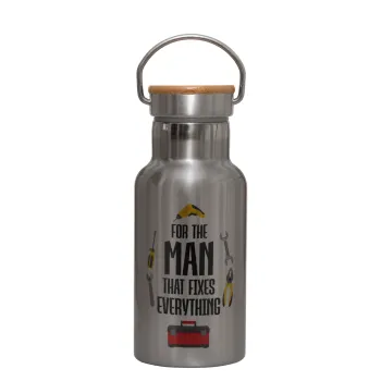 For the man that fixes everything!, Stainless steel metallic thermos flask, silver with a bamboo lid, double-walled, 350ml.
