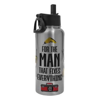 For the man that fixes everything!, Metal mug thermo Silver with Straw and Spout Lid (Stainless steel), double wall, 950ml