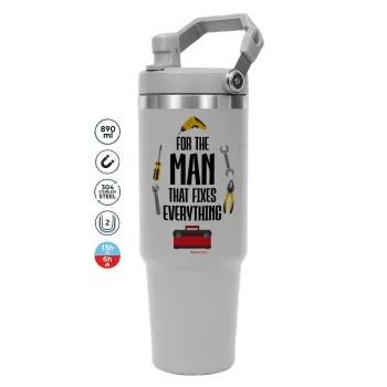 For the man that fixes everything!, GREY color, 890ml (30oz) stainless Steel Tumbler with Handle