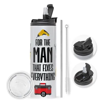 For the man that fixes everything!, Travel Tumbler θερμό με διπλό καπάκι, μεταλλικό καλαμάκι και βούρτσα καθαρισμού (Ανωξείδωτο 304 Food grade, BPA free, 600ml)