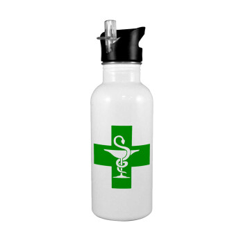 Φαρμακείο, White water bottle with straw, stainless steel 600ml