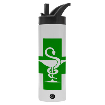 Φαρμακείο, Μεταλλικό παγούρι θερμός με καλαμάκι & χειρολαβή, ανοξείδωτο ατσάλι (Stainless steel 304), διπλού τοιχώματος, 600ml