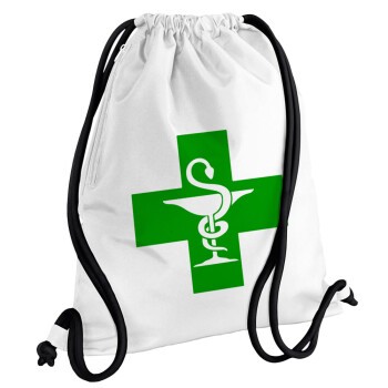 Φαρμακείο, Τσάντα πλάτης πουγκί GYMBAG λευκή, με τσέπη (40x48cm) & χονδρά κορδόνια