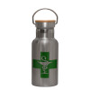 Stainless steel metallic thermos flask, silver with a bamboo lid, double-walled, 350ml.