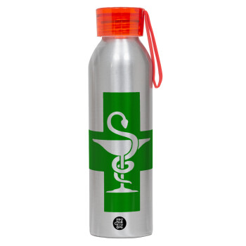 Φαρμακείο, Αλουμινένιο Αθλητικό Μπουκάλι 650ml – Ασημί με Κόκκινο Καπάκι και Λουράκι Σιλικόνης