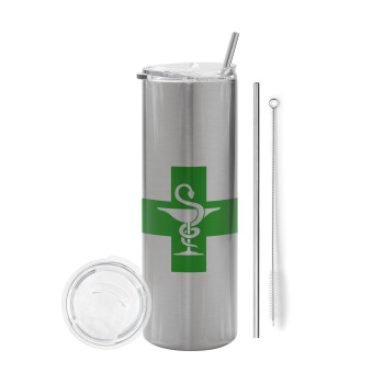Φαρμακείο, Eco friendly stainless steel Silver tumbler 600ml, with metal straw & cleaning brush