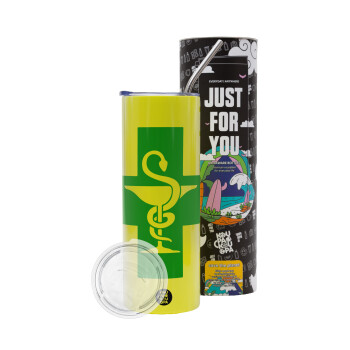 Φαρμακείο, Neon Yellow Travel Tumbler, with metal straw (Stainless steel 304 Food grade, BPA free, 600ml)
