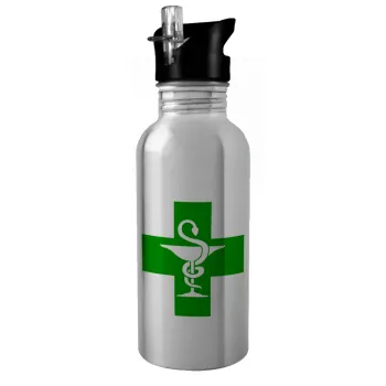 Φαρμακείο, Water bottle Silver with straw, stainless steel 600ml