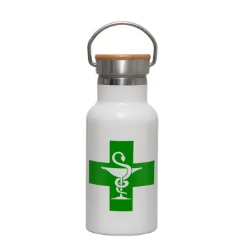 Φαρμακείο, Μεταλλικό παγούρι θερμός (Stainless steel) Λευκό με ξύλινο καπακι (bamboo), διπλού τοιχώματος, 350ml