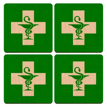 Φαρμακείο, ΣΕΤ x4 Σουβέρ ξύλινα τετράγωνα plywood (9cm)