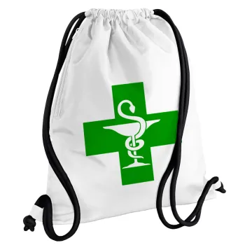 Φαρμακείο, Τσάντα πλάτης πουγκί GYMBAG λευκή, με τσέπη (40x48cm) & χονδρά κορδόνια