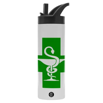 Φαρμακείο, Metallic thermos bottle with straw & handle, stainless steel (Stainless steel 304), double-walled, 600ml.