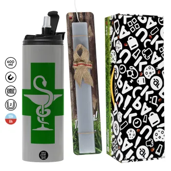 Φαρμακείο, Πασχαλινή Λαμπάδα με Travel Tumbler θερμό (600ml, BPA free) & κερί αρωματικό πλακέ (30cm) (ΓΚΡΙ)
