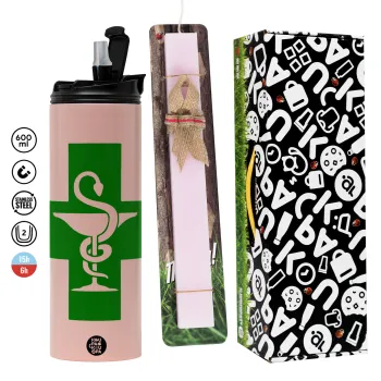 Φαρμακείο, Πασχαλινή Λαμπάδα με  ΡΟΖ Travel Tumbler θερμό (600ml, BPA free) & κερί αρωματικό πλακέ (30cm) (ΡΟΖ)