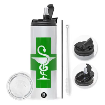 Φαρμακείο, Travel Tumbler 2 Lids, with metal straw & cleaning brush (Stainless steel 304 Food grade, BPA free, 600ml)