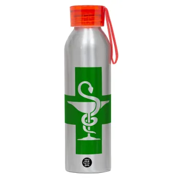 Φαρμακείο, Αλουμινένιο Αθλητικό Μπουκάλι 650ml – Ασημί με Κόκκινο Καπάκι και Λουράκι Σιλικόνης