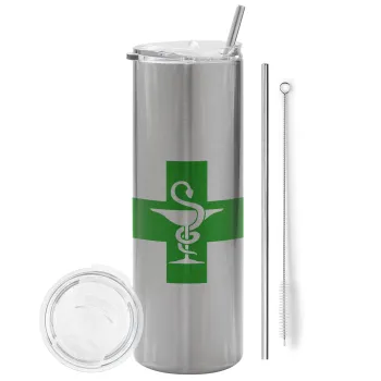 Φαρμακείο, Tumbler ποτήρι θερμό Ασημένιο από ανοξείδωτο ατσάλι 600ml, με μεταλλικό καλαμάκι & βούρτσα καθαρισμού