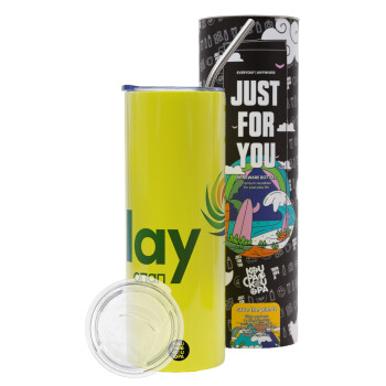 Play by ΟΠΑΠ, Neon Yellow Travel Tumbler, with metal straw (Stainless steel 304 Food grade, BPA free, 600ml)