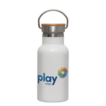 Play by ΟΠΑΠ, Metallic thermos (Stainless steel) White with wooden lid (bamboo), double-walled, 350ml
