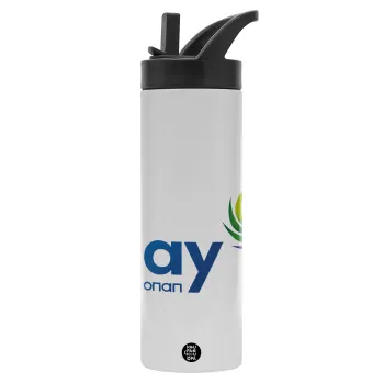 Play by ΟΠΑΠ, Metallic thermos bottle with straw & handle, stainless steel (Stainless steel 304), double-walled, 600ml.
