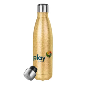 Play by ΟΠΑΠ, Glitter gold stainless steel thermos bottle, double-walled, 500ml