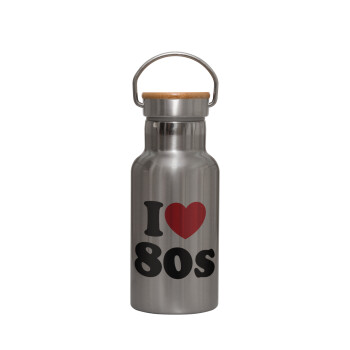 I Love 80s, Μεταλλικό παγούρι θερμός (Stainless steel) Ασημένιο με ξύλινο καπακι (bamboo), διπλού τοιχώματος, 350ml