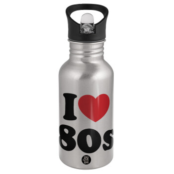 I Love 80s, Water bottle Silver with straw, stainless steel 500ml