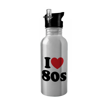 I Love 80s, Water bottle Silver with straw, stainless steel 600ml