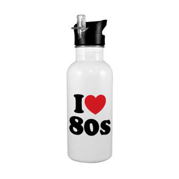 I Love 80s, White water bottle with straw, stainless steel 600ml