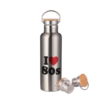 I Love 80s, Μεταλλικό παγούρι θερμός (Stainless steel) Ασημένιο με ξύλινο καπακι (bamboo), διπλού τοιχώματος, 750ml