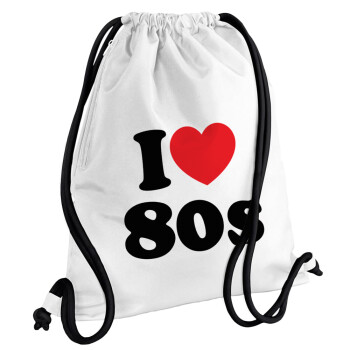 I Love 80s, Backpack pouch GYMBAG white, with pocket (40x48cm) & thick cords