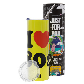 I Love 80s, Neon Yellow Travel Tumbler θερμό, μεταλλικό καλαμάκι(Ανωξείδωτο 304 Food grade, BPA free, 600ml)