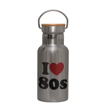 I Love 80s, Μεταλλικό παγούρι θερμός (Stainless steel) Ασημένιο με ξύλινο καπακι (bamboo), διπλού τοιχώματος, 350ml