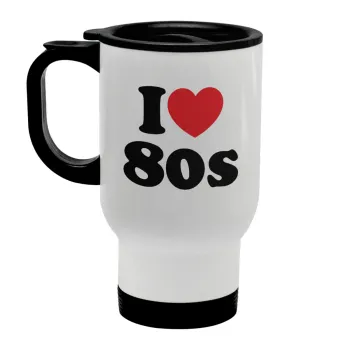 I Love 80s, Κούπα ταξιδιού ανοξείδωτη με καπάκι, διπλού τοιχώματος (θερμό) λευκή 450ml