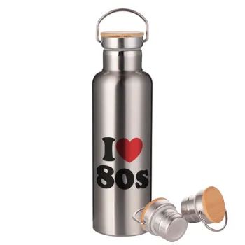 I Love 80s, Stainless steel Silver with wooden lid (bamboo), double wall, 750ml