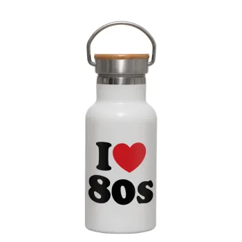 I Love 80s, Μεταλλικό παγούρι θερμός (Stainless steel) Λευκό με ξύλινο καπακι (bamboo), διπλού τοιχώματος, 350ml