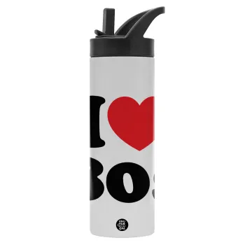 I Love 80s, Metallic thermos bottle with straw & handle, stainless steel (Stainless steel 304), double-walled, 600ml.