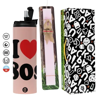 I Love 80s, Πασχαλινή Λαμπάδα με  ΡΟΖ Travel Tumbler θερμό (600ml, BPA free) & κερί αρωματικό πλακέ (30cm) (ΡΟΖ)