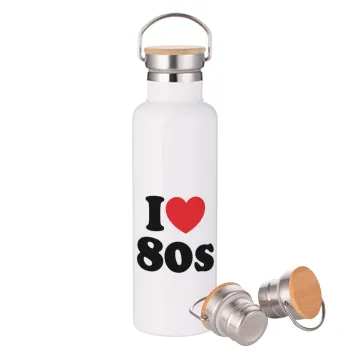 I Love 80s, Μεταλλικό παγούρι θερμός (Stainless steel) Λευκό με ξύλινο καπάκι (bamboo), διπλού τοιχώματος, 750ml