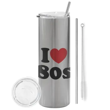 I Love 80s, Tumbler ποτήρι θερμό Ασημένιο από ανοξείδωτο ατσάλι 600ml, με μεταλλικό καλαμάκι & βούρτσα καθαρισμού