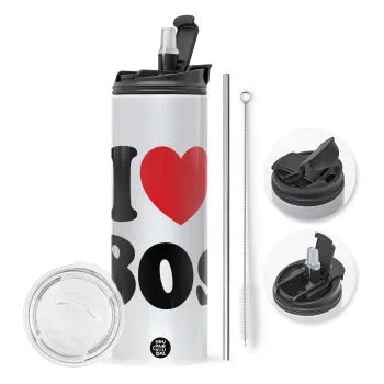 I Love 80s, Travel Tumbler θερμό με διπλό καπάκι, μεταλλικό καλαμάκι και βούρτσα καθαρισμού (Ανωξείδωτο 304 Food grade, BPA free, 600ml)