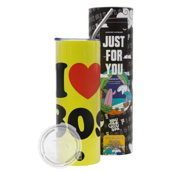 I Love 80s, Neon Yellow Travel Tumbler θερμό, μεταλλικό καλαμάκι(Ανωξείδωτο 304 Food grade, BPA free, 600ml)