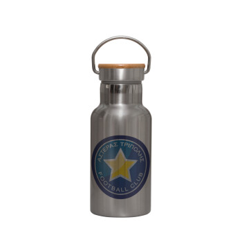Asteras Tripolis, Stainless steel metallic thermos flask, silver with a bamboo lid, double-walled, 350ml.