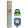 Easter Set, Children's thermal stainless steel bottle with safety straw, green/blue (350ml) & aromatic flat Easter candle (30cm) (TURQUOISE)