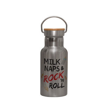 milk naps and Rock n' Roll, Μεταλλικό παγούρι θερμός (Stainless steel) Ασημένιο με ξύλινο καπακι (bamboo), διπλού τοιχώματος, 350ml