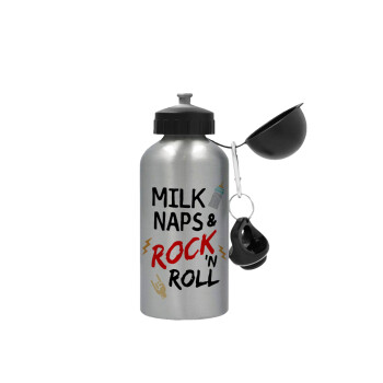 milk naps and Rock n' Roll, Μεταλλικό παγούρι νερού, Ασημένιο, αλουμινίου 500ml