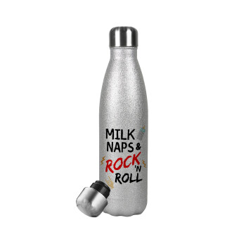milk naps and Rock n' Roll, Μεταλλικό παγούρι θερμός Glitter Aσημένιο (Stainless steel), διπλού τοιχώματος, 500ml