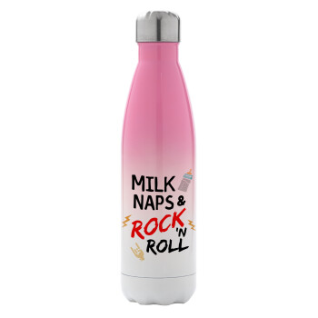 milk naps and Rock n' Roll, Μεταλλικό παγούρι θερμός Ροζ/Λευκό (Stainless steel), διπλού τοιχώματος, 500ml